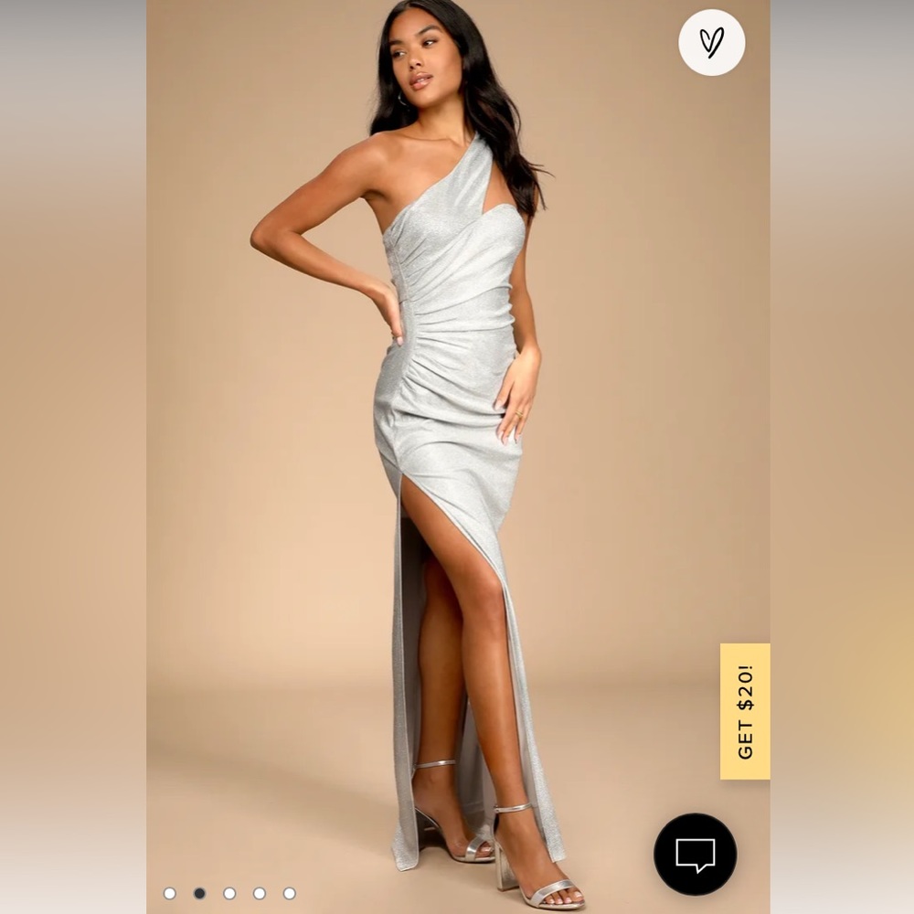 Lulus Magic at Midnight Shiny Silver One Shoulder Maxi Formal Dress size M